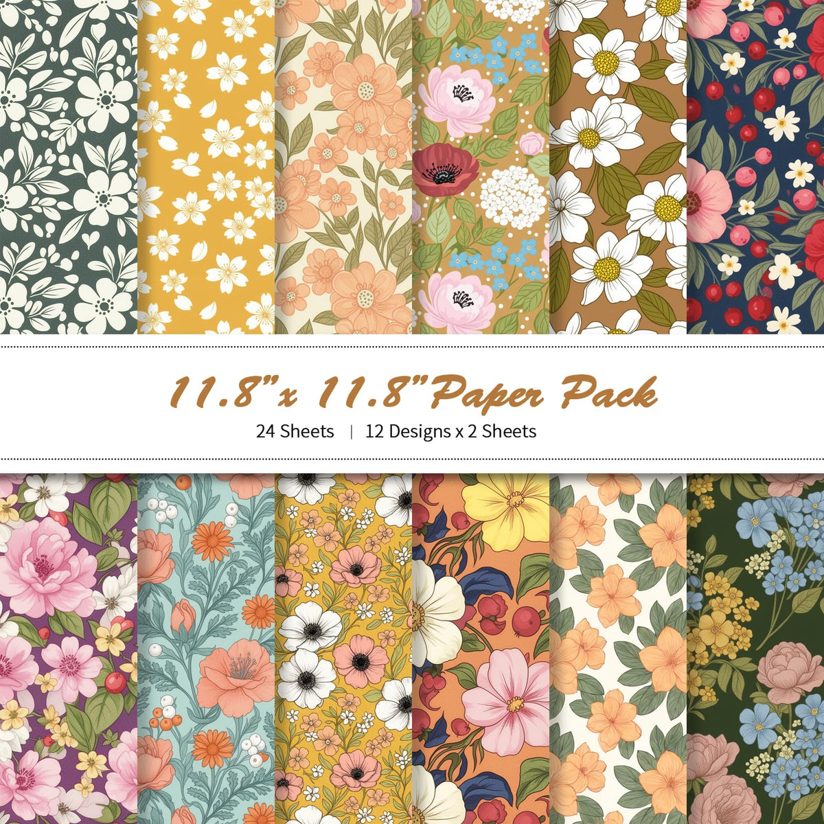 24 Sheets 11.8 x 11.8 Inch Japanese Washi Floral Scrapbook Paper, Double Sided Decorative Craft Paper for Junk Journals, DIY Card Making & Gift Wrapping