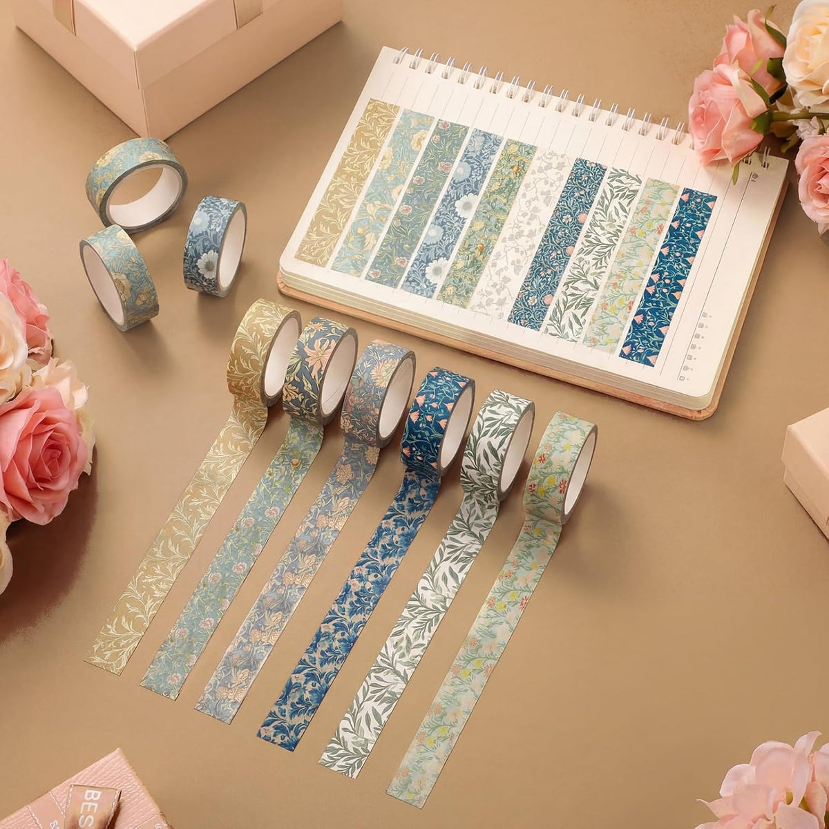12 Rolls Floral Washi Tape Set,Earthy Tones,William Morris