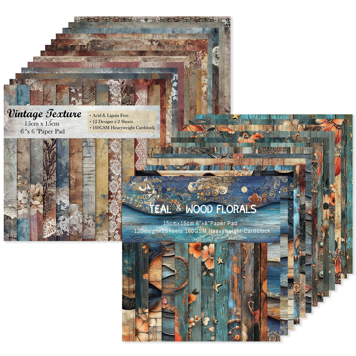 Scrapbook Paper, 24 Sheets 6"×6" 160gsm Single-Sided Patterned Cardstock