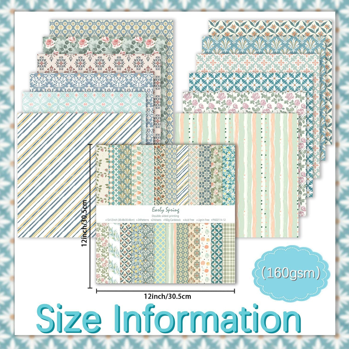 24 Sheets Scrapbook Paper 12" Double-Sided Photo Backdrop Bohemian Patterned (Floral Design K)