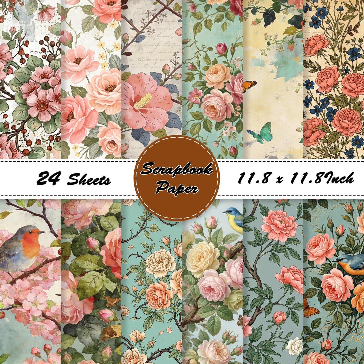 24 Sheets 11.8 x 11.8 Inch Japanese Washi Floral Scrapbook Paper, Double Sided Decorative Craft Paper for Junk Journals, DIY Card Making & Gift Wrapping
