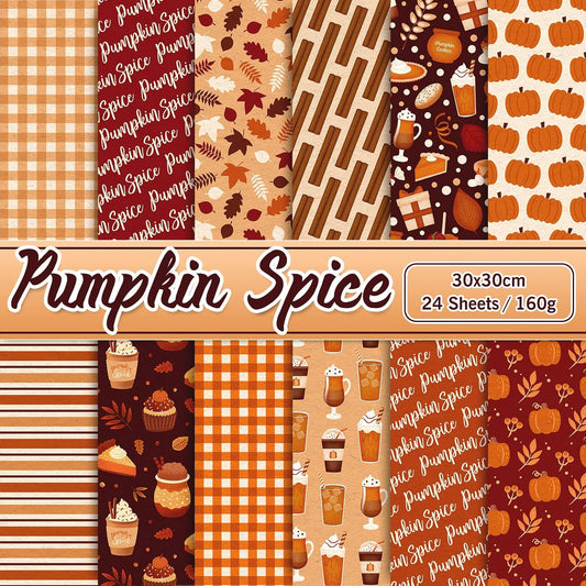 Whaline 24Pcs Fall Pattern Paper 11.8 Inch Maple Leaves Pumpkin Drinks Plaid Double-Sided Scrapbook Specialty Paper for DIY Decorative Background Card Making Photo Album Junk Journal Decor