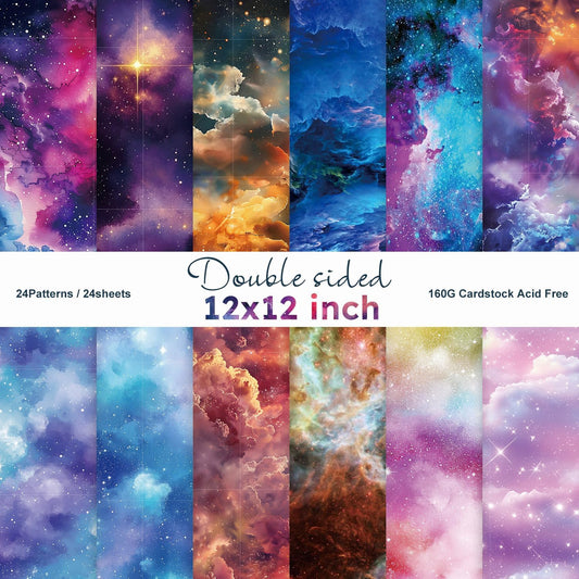 Galaxy Scrapbook Paper Starry Sky Patterned Paper 12×12-24 Sheets Double-Sided CardStock Journaling Planner Papers for Holiday Cardmaking DIY Origami Decorative Craft Papers.