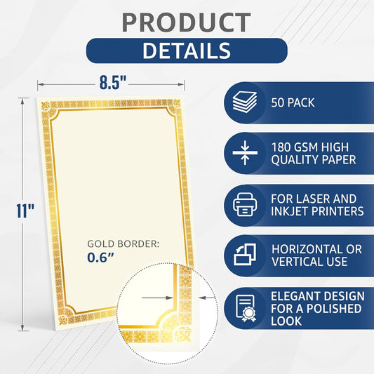 50 Certificate Paper 8.5 x 11 for Printing - Blank Certificate Papers for Award Certificates & Diploma Paper - Premium Gold Foil Award Papers Cardstock for Awards & Certificates Graduation