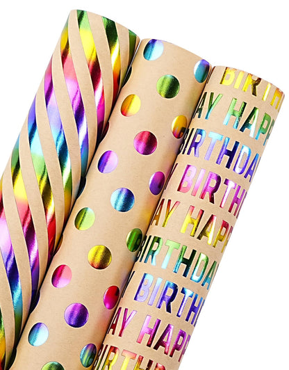 WRAPAHOLIC Gold Wrapping Paper Roll - Mini Roll - 3 Rolls - 17 Inch X 120 Inch Per Roll - Gold Foil Birthday Wrapping Paper for Wedding, Christmas, Party, Baby Shower