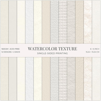 24 Sheets White Watercolor Texture Scrapbook Paper Pad, 6x6 inch Heavyweight 160GSM Single-Sided Paper, Smooth Matte Artisan Paper for Card Making, Journaling, Photo Album, DIY Crafts