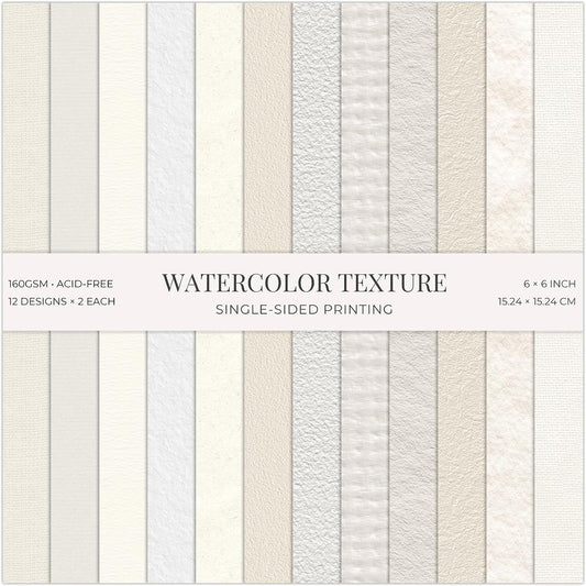 24 Sheets White Watercolor Texture Scrapbook Paper Pad, 6x6 inch Heavyweight 160GSM Single-Sided Paper, Smooth Matte Artisan Paper for Card Making, Journaling, Photo Album, DIY Crafts