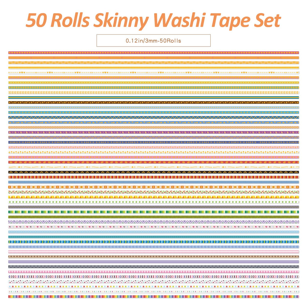 emmoolife 50 Rolls Skinny Washi Tape Set 3mm Wide, Gold Foil Print Masking Thin Basic Patterns Decorative Tapes for Scrapbooking, Junk Journal Supplies, Bullet Journaling, Craft Tape for Women Girl
