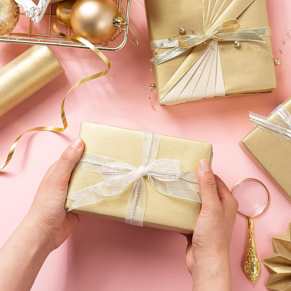 RUSPEPA Gold Wrapping Paper - Christmas Gift Wrap Pearly - luster Paper Perfect for Wedding, Birthday, Valentine's Day, Christmas, Baby Shower, DIY Bouquet -17 Inches X 32.8 Feet