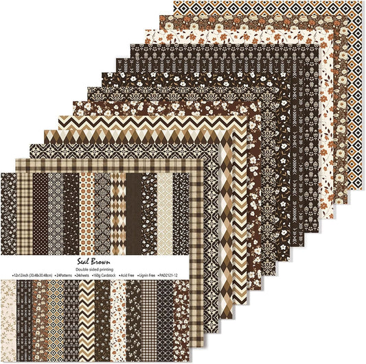 24 Sheets Scrapbook Paper 12 x 12 In, Floral and Boho Pattern Paper (Brown)