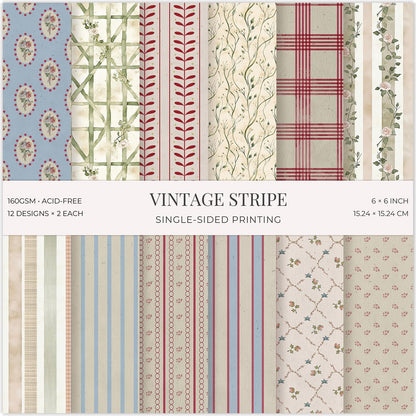 24 Sheets Vintage Stripe Scrapbook Paper Pad - 6x6 inch 160GSM Heavyweight Cardstock, Single-Sided Patterned Paper for DIY Crafts, Card Making, Photo Album, Art Journaling