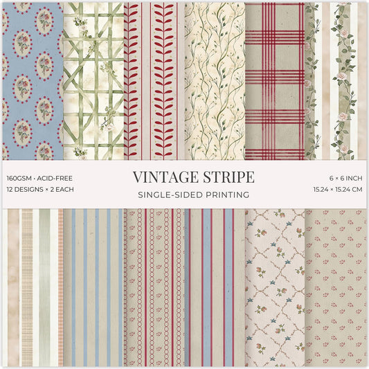 24 Sheets Vintage Stripe Scrapbook Paper Pad - 6x6 inch 160GSM Heavyweight Cardstock, Single-Sided Patterned Paper for DIY Crafts, Card Making, Photo Album, Art Journaling