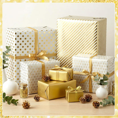 woric 4 Rolls Gold Wrapping Paper, Gold Foil Birthday Wrapping Paper