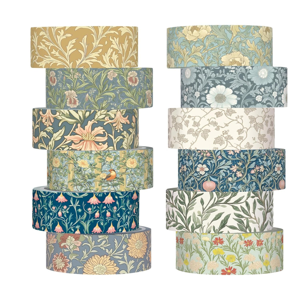 12 Rolls Floral Washi Tape Set,Earthy Tones,William Morris