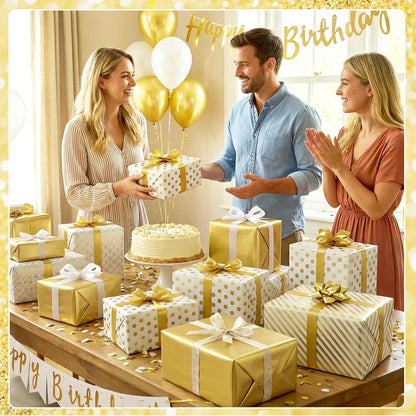 woric 4 Rolls Gold Wrapping Paper, Gold Foil Birthday Wrapping Paper