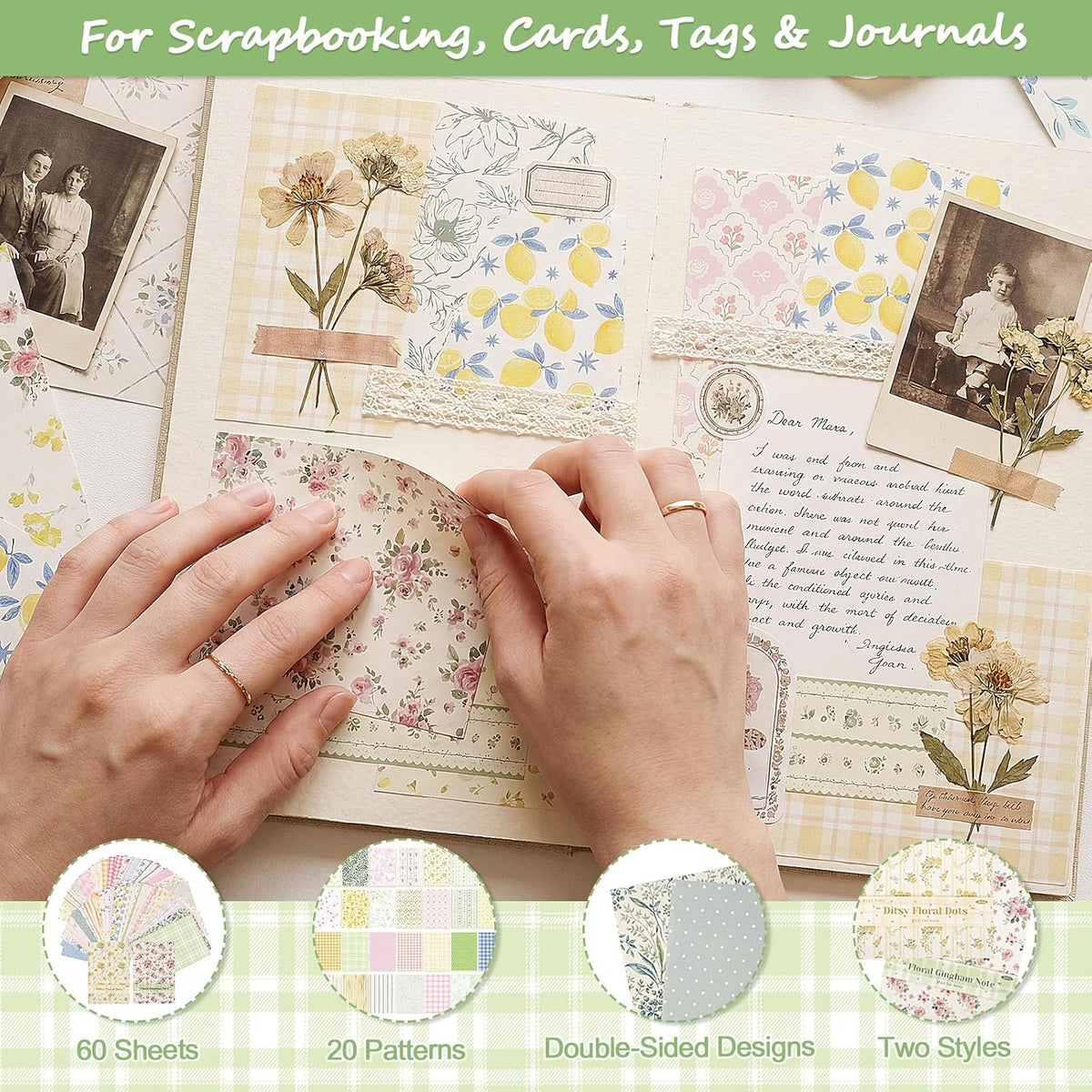 Scrapbook Paper, 60 Sheets, Double-Sided Floral, 5.5 x 8.3 in