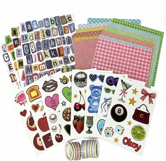 Scrapbook Supplies Kit 12 Sheets 6x6 Inch Scrapbook Paper 4 Letter Sticker Sheets 10 Washi Tape 8 Decorative Sticker Sheets for Scrapbooking Journaling Diary and Junk Journal Crafts (Girly)