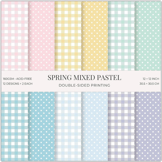 24 Sheets Pink Spring Pastel Essential Patterns Scrapbook Paper Pad - 6x6 inch 160GSM Heavyweight Cardstock, Single-Sided Polka Dot, Gingham Designs for Card Making, DIY Crafts, DIY Album, Journaling