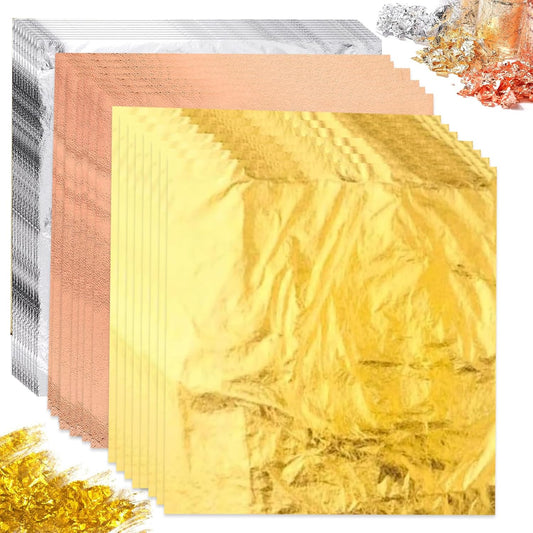 150 Pcs Gold Leaf Sheets for Art, 5.5x5.5 Inch Gold Foil Sheets for Crafts, 3 Colors Metallic Leaf for Nails, Painting, Gilding, DIY Decor - 14x14 cm Aluminum Foil Sheets for Multi-Surface Use