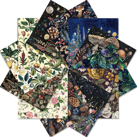12 Sheets Fantasy Forest Botanical Scrapbook Paper Set 6" x 6" – Vintage Floral Mushroom Nature Craft Paper for Journaling, Decoupage, Origami, Card Making, DIY Art Projects