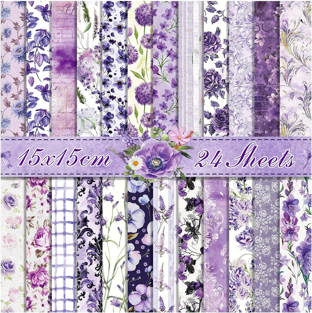 Scrapbook Paper 6x6 Inch, 24 Sheets Double-sided Purple Cardstock, 24 Floral Patterns, 160 gsm Decorative Craft Paper Pad for Card Making, junk Journal, Photo Album Background