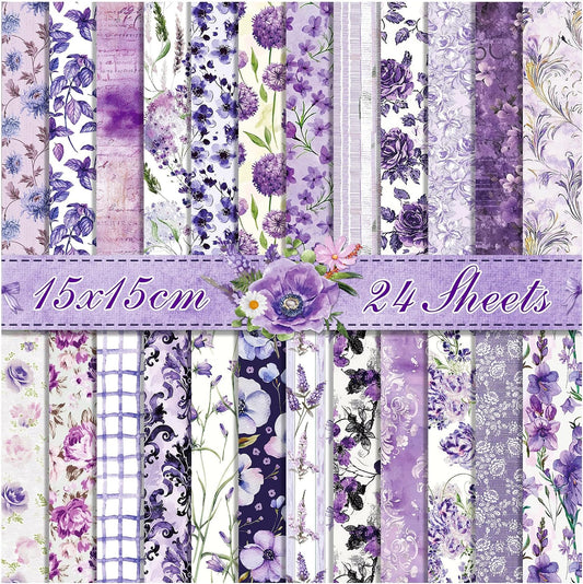 Scrapbook Paper 6x6 Inch, 24 Sheets Double-sided Purple Cardstock, 24 Floral Patterns, 160 gsm Decorative Craft Paper Pad for Card Making, junk Journal, Photo Album Background