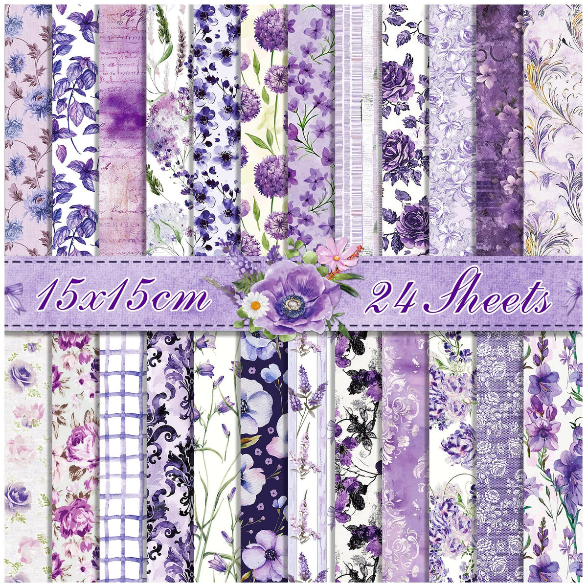 Scrapbook Paper 6x6 Inch, 24 Sheets Double-sided Purple Cardstock, 24 Floral Patterns, 160 gsm Decorative Craft Paper Pad for Card Making, junk Journal, Photo Album Background