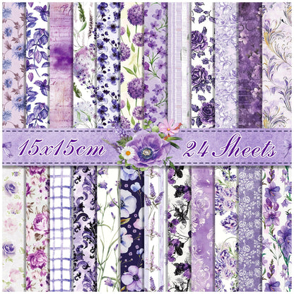 Scrapbook Paper 6x6 Inch, 24 Sheets Double-sided Purple Cardstock, 24 Floral Patterns, 160 gsm Decorative Craft Paper Pad for Card Making, junk Journal, Photo Album Background