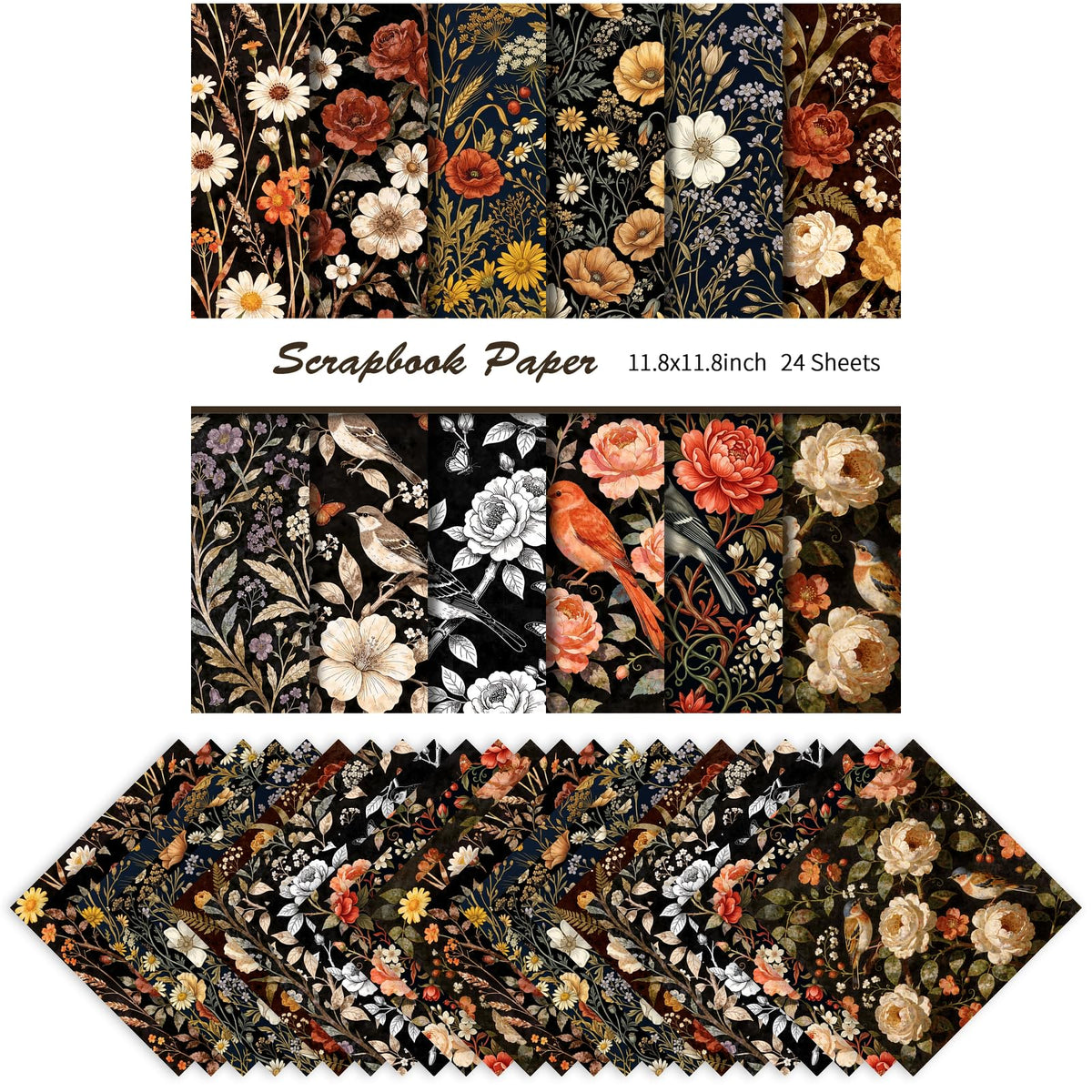 24 Sheets 11.8 x 11.8 Inch Japanese Washi Floral Scrapbook Paper, Double Sided Decorative Craft Paper for Junk Journals, DIY Card Making & Gift Wrapping