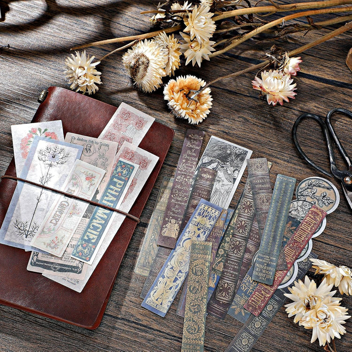 Tenare 120 Pieces Vintage Scrapbook Washi Stickers, Flower, Title, Book