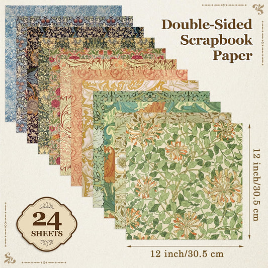 HAUTOCO 24 Sheets Scrapbook Paper 12 x 12 Double-Sided Scrapbooking Cardstock Vintage Floral Pattern Decorative Paper for Card Making, Junk Journal, DIY Crafts, Photo Album, Decoupage, Art Journaling