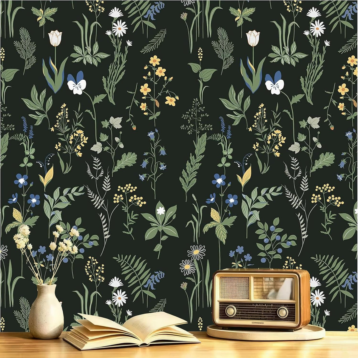 Green Vintage Floral Peel and Stick Wallpaper Boho Floral Contact Paper