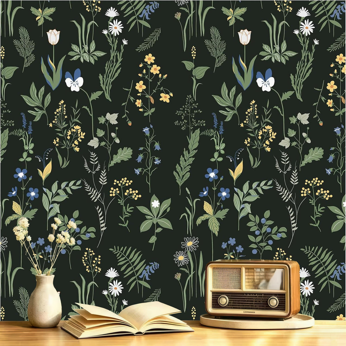 Green Vintage Floral Peel and Stick Wallpaper Boho Floral Contact Paper
