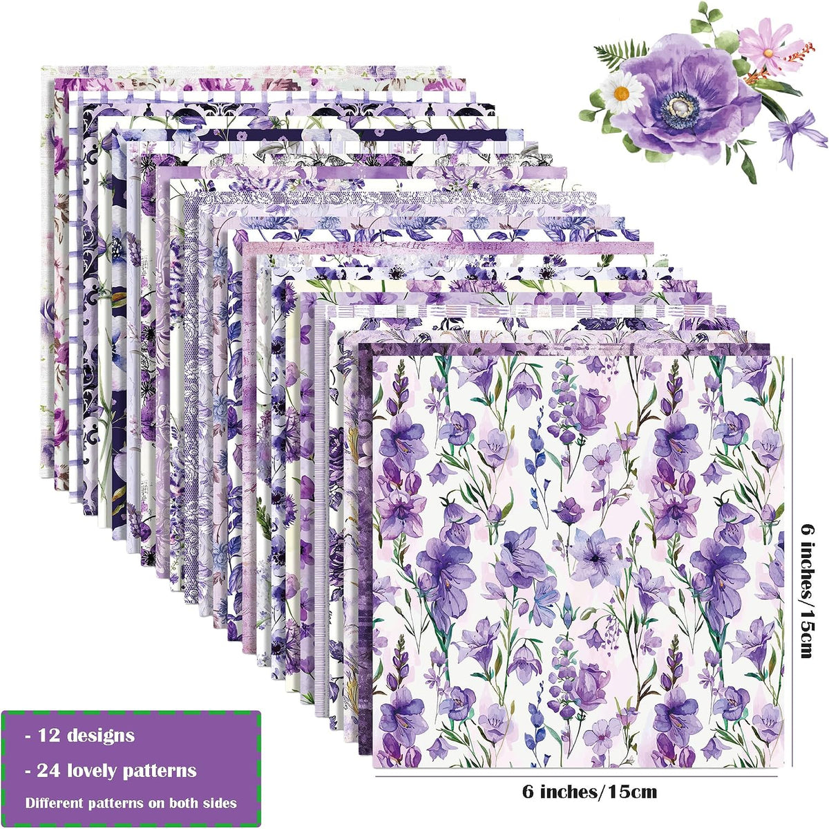 Scrapbook Paper 6x6 Inch, 24 Sheets Double-sided Purple Cardstock, 24 Floral Patterns, 160 gsm Decorative Craft Paper Pad for Card Making, junk Journal, Photo Album Background