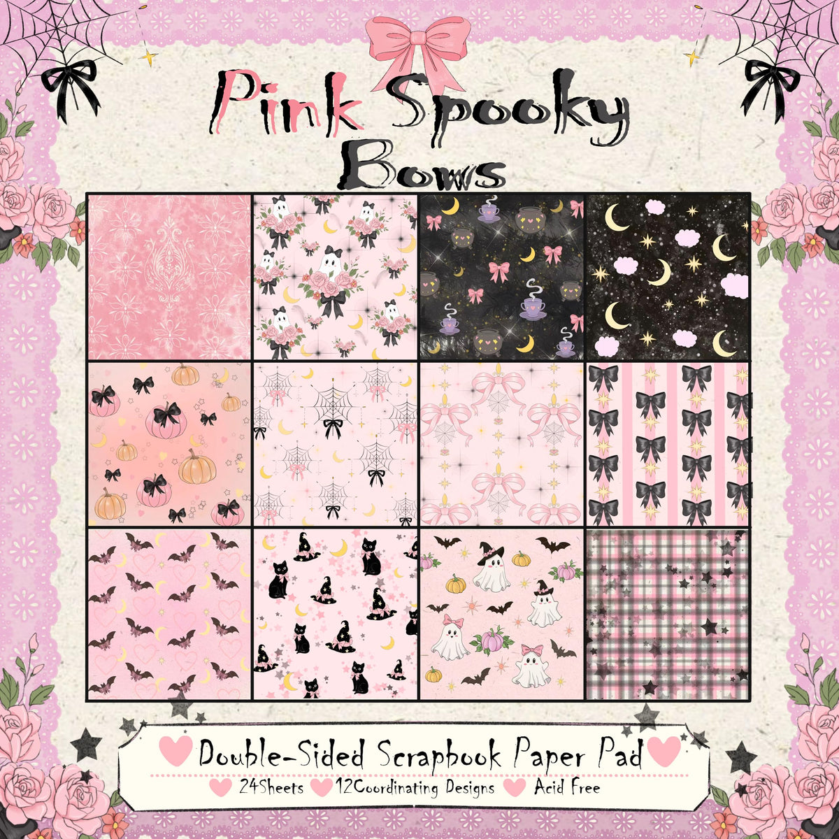 Floral Pink Scrapbook Paper Pad, 6x6 Aesthetic Craft Paper, 24 Sheets Double-Sided Decorative Patterned Decorative Junk Journal Supplies for Mixed Media, Card Making, Decoupage & DIY Art