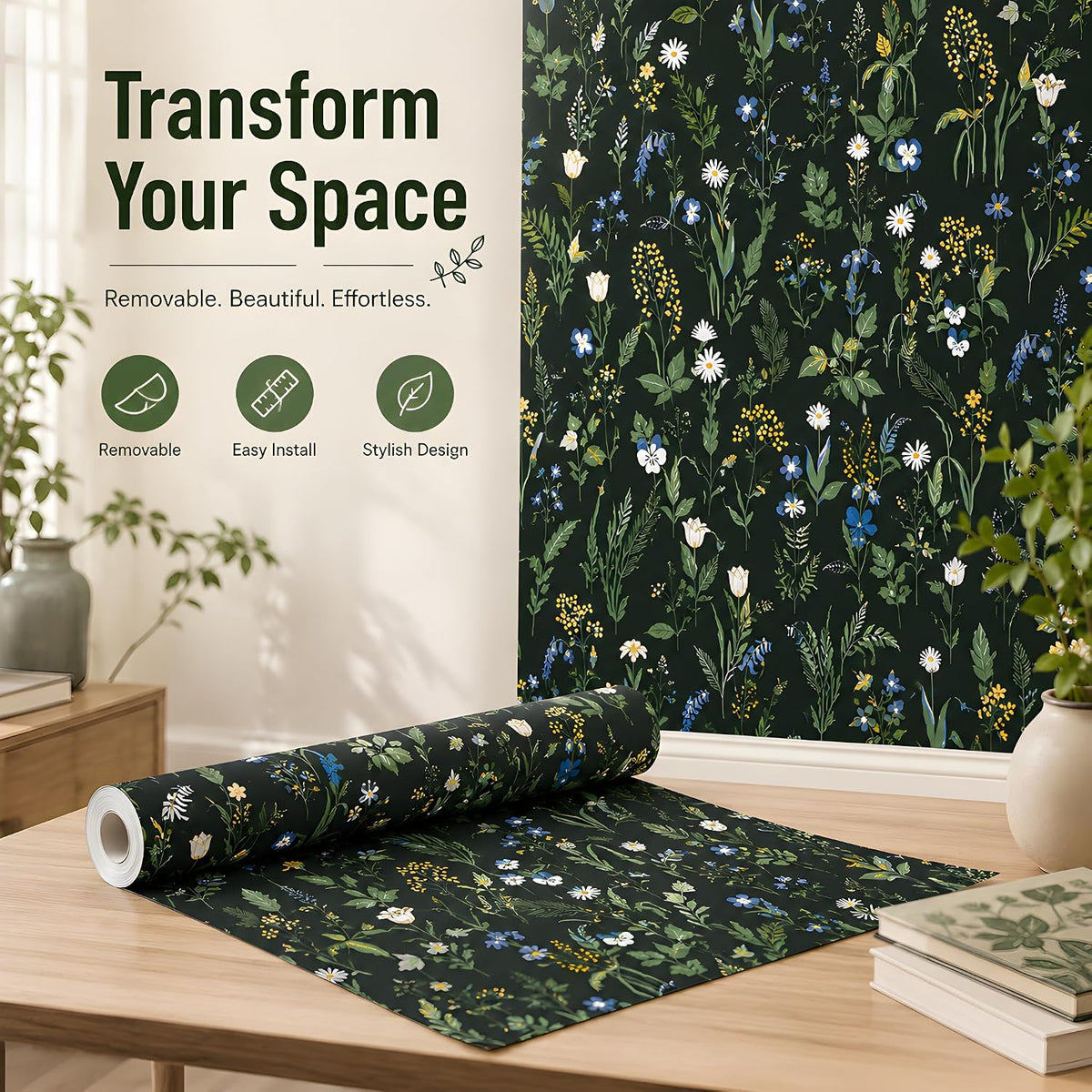 Green Vintage Floral Peel and Stick Wallpaper Boho Floral Contact Paper