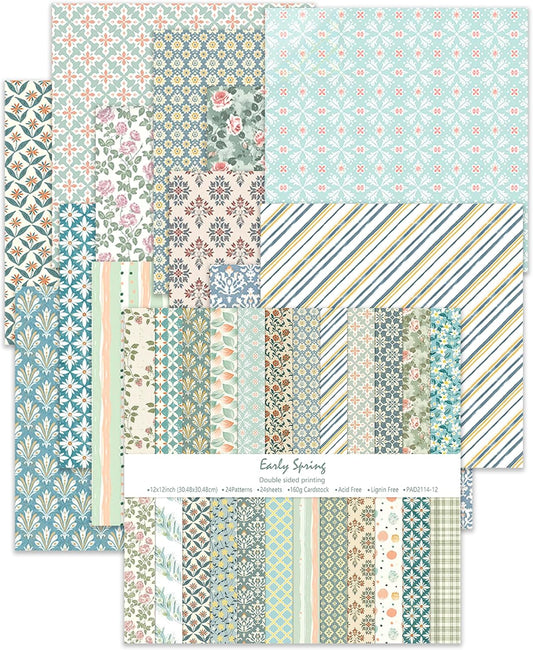 24 Sheets Scrapbook Paper 12" Double-Sided Photo Backdrop Bohemian Patterned (Floral Design K)