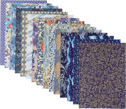 Chiyogami Yuzen Washi B4, 15 Patterns, 15 Sheets (Blue Type B Set)