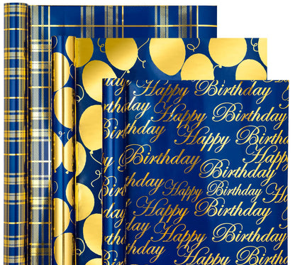 WRAPAHOLIC Gold Wrapping Paper Roll - Mini Roll - 3 Rolls - 17 Inch X 120 Inch Per Roll - Gold Foil Birthday Wrapping Paper for Wedding, Christmas, Party, Baby Shower