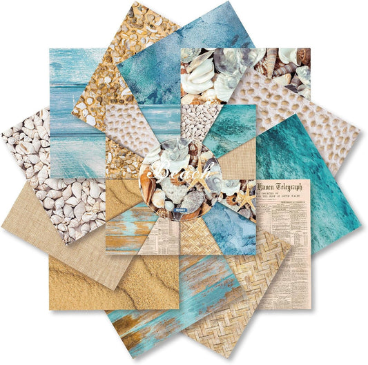 Beach Scrapbook Paper Pad Sand Shell Sea Patterned Paper 6×6,24 Sheets Single-Sided Blue Ocean Scrapbooking CardStock Papers Pad for Holiday Cardmaking DIY Origami Journaling.