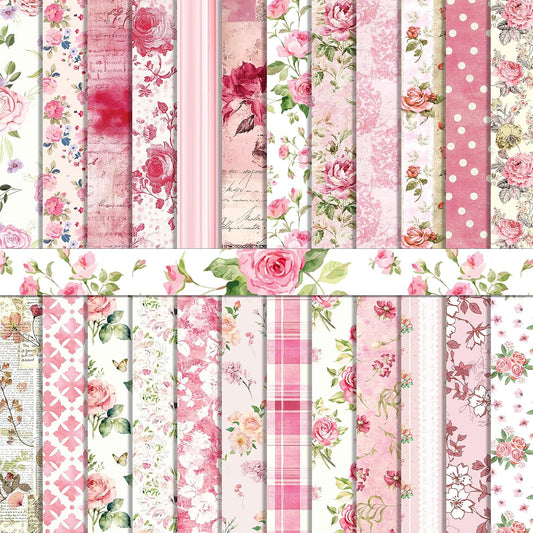 24 Sheets Pink Flower Scrapbook Paper 12'' x 12'' Vintage Floral Rose Pattern Paper Pad Floral Double-Sided Scrapbook Pad Retro Scrapbooking Pack for Card Making, Origami, DIY Background, Photo Album